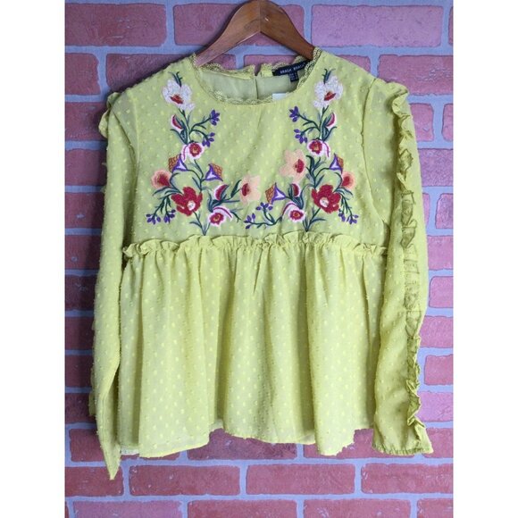 Spool No.72 Brach Brach Floral Embroidered Clip-Dot Lace Ruffle Blouse Top Small - Picture 2 of 9